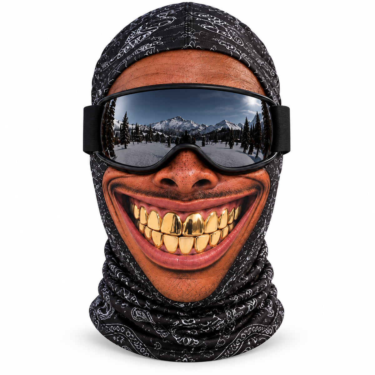 Pasamontañas El Sonrisas de Oro: sonrisa con dientes de oro y estampado negro