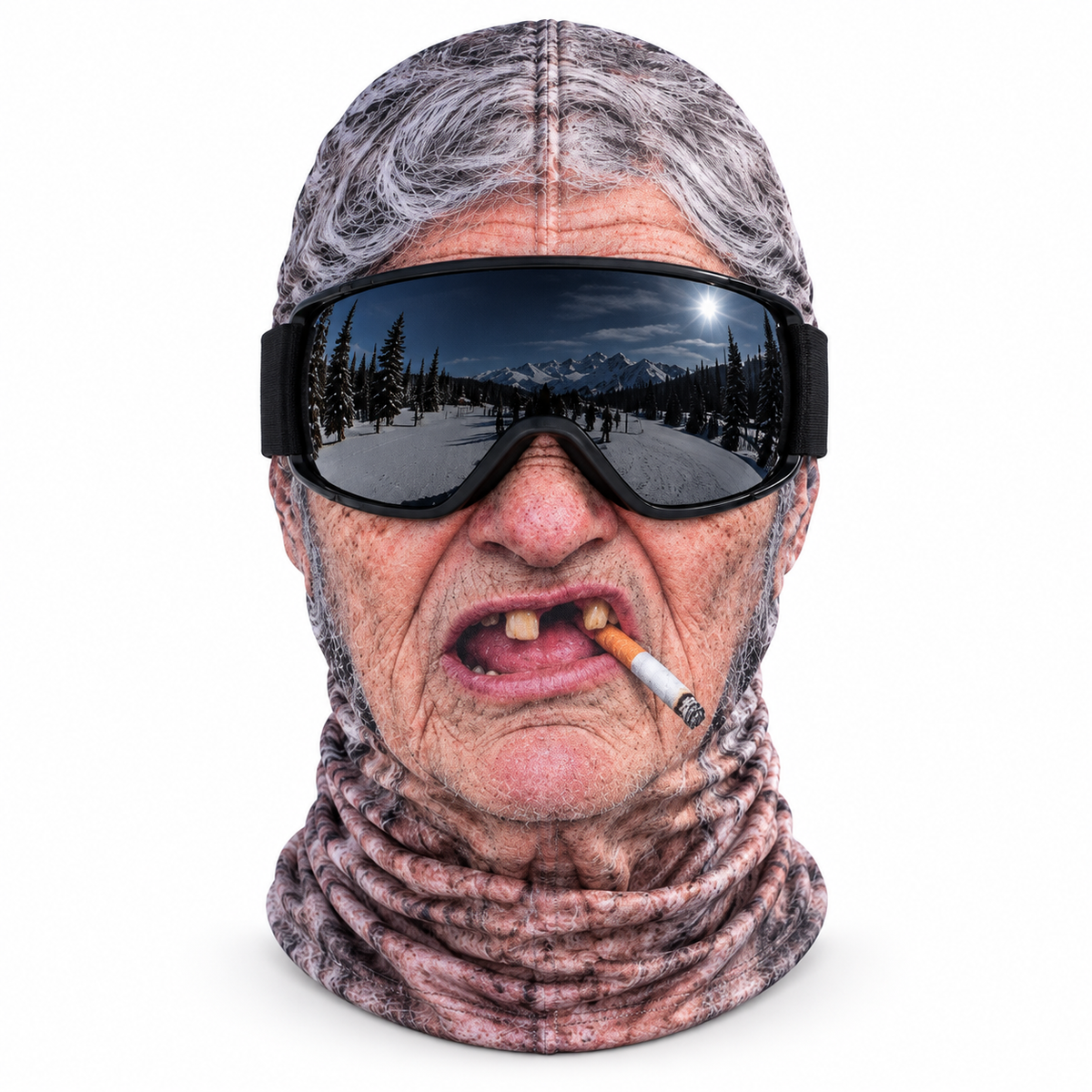 Pasamontañas La Tía Pícara: cara de abuela con cigarrillo