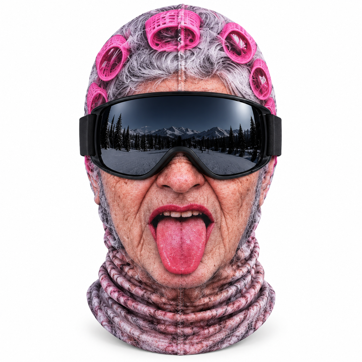 Pasamontañas La Abuela Desatada: cara de abuela sacando la lengua con rulos rosas